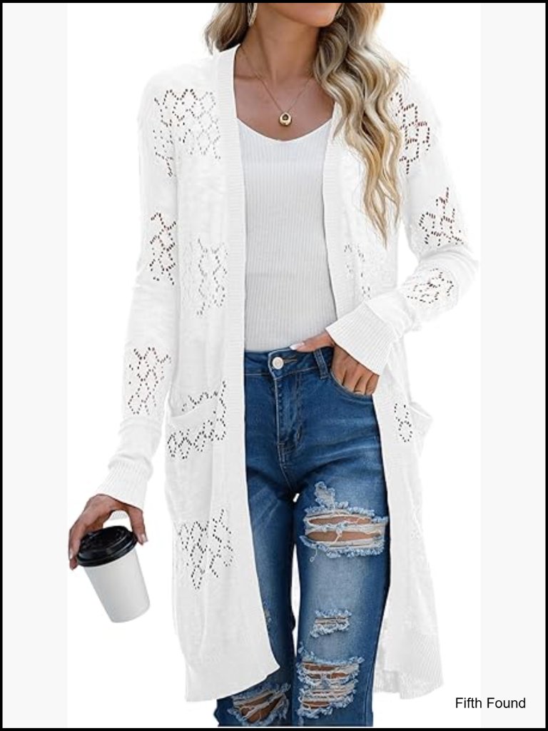 Lightweight Crochet Open-Front Cardigan Sweater With Pockets - Long Sleeve
